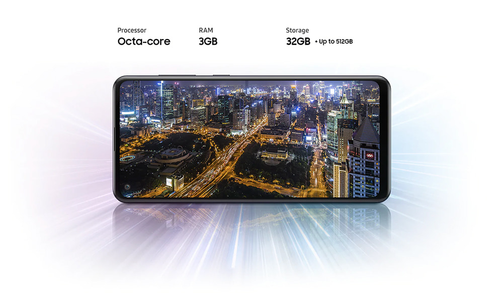 Front view of the Galaxy A21 s with a city scape image on its screen.
