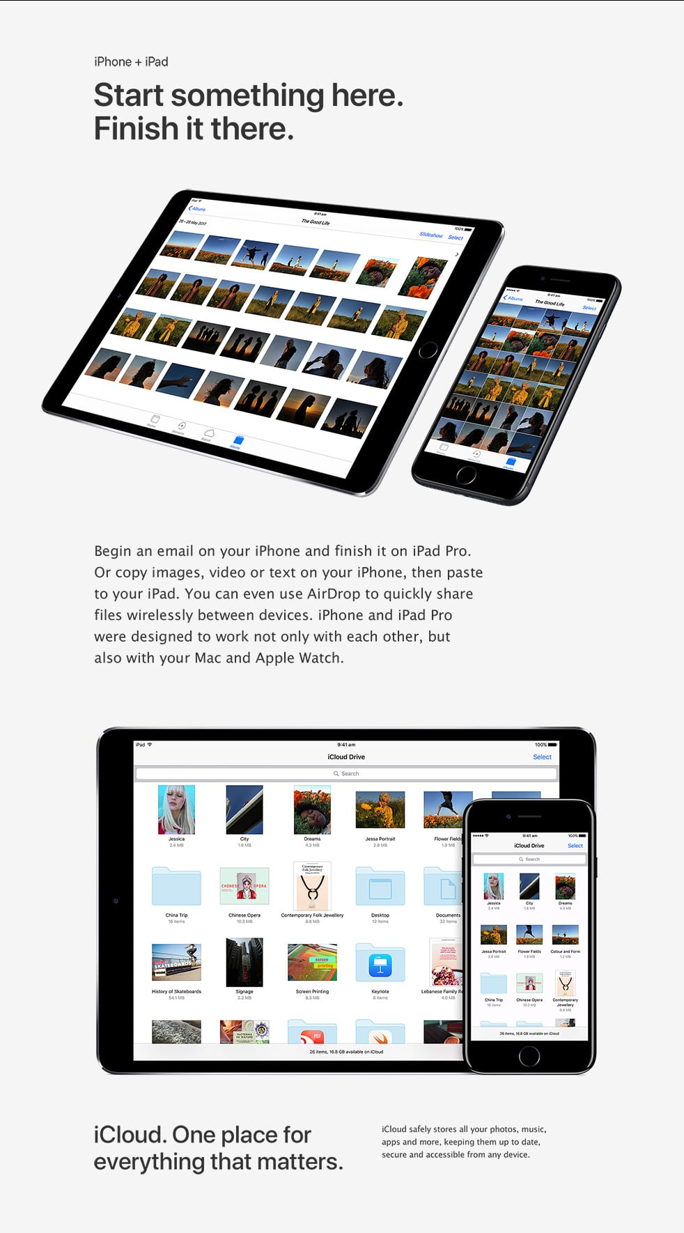 iPad Pro - iPhone + iPad. Start something here. Finish it there.