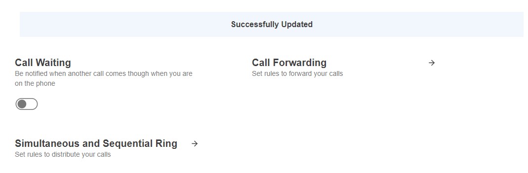 Screenshot of Call Waiting successfully updated.