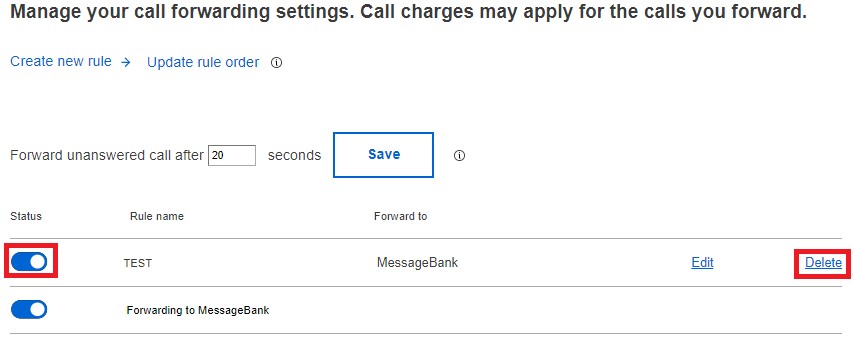 Screenshot of removing call forwarding rule.